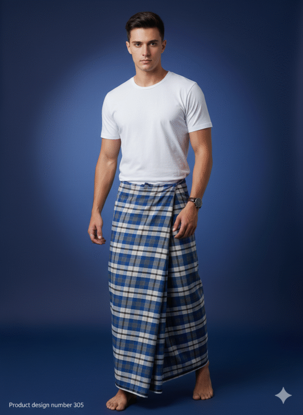 Men's Stylish Lungi - Modern Blue & Grey Plaid Design