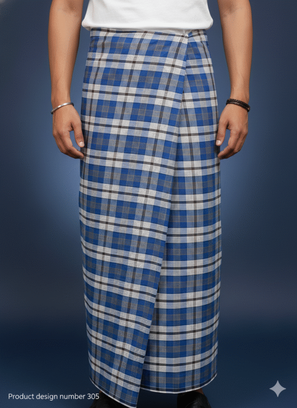 Men's Stylish Lungi - Modern Blue & Grey Plaid Design