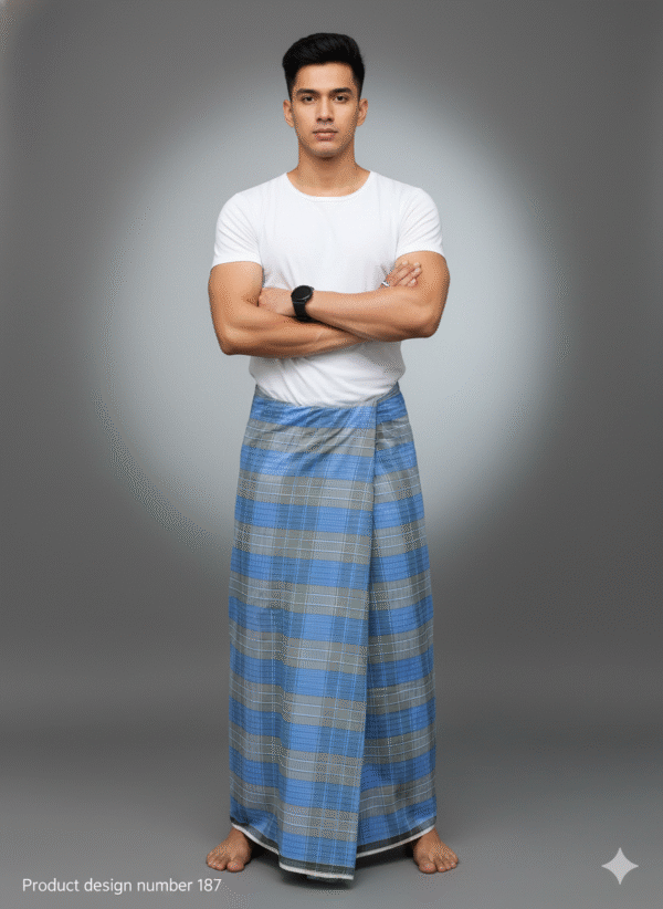 Men's Stylish Lungi - Modern Blue & Grey Plaid Design