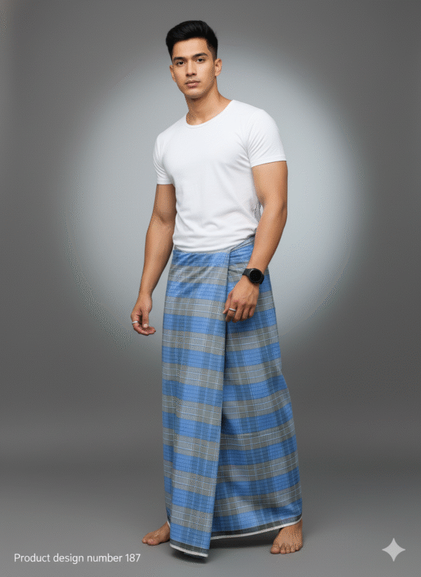 Men's Stylish Lungi - Modern Blue & Grey Plaid Design