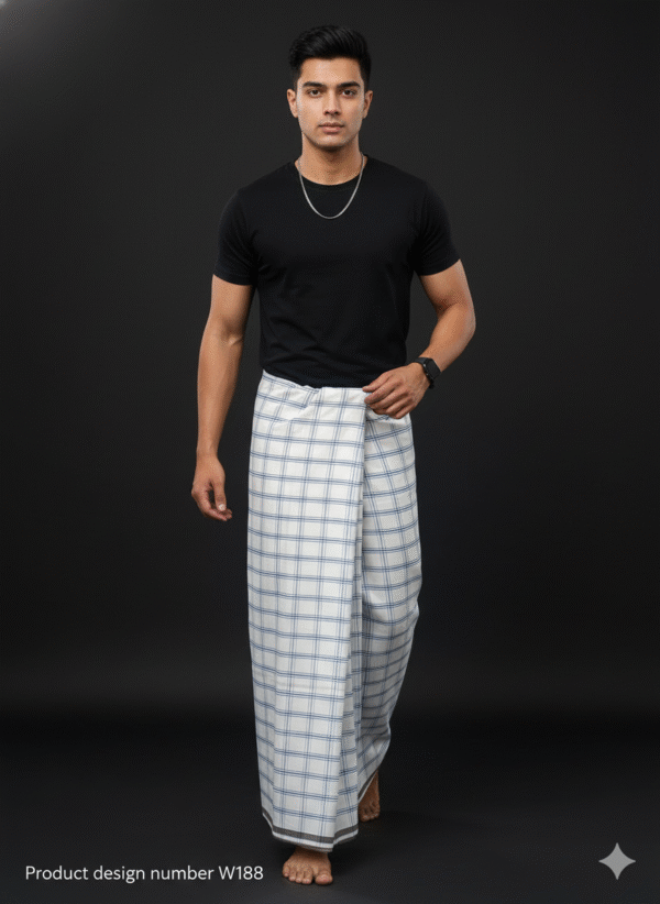 Men's Stylish Lungi - Crisp White & Blue Checkered Design