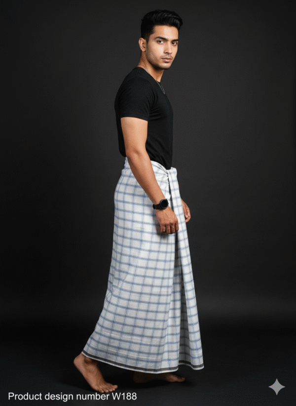 Men's Stylish Lungi - Crisp White & Blue Checkered Design