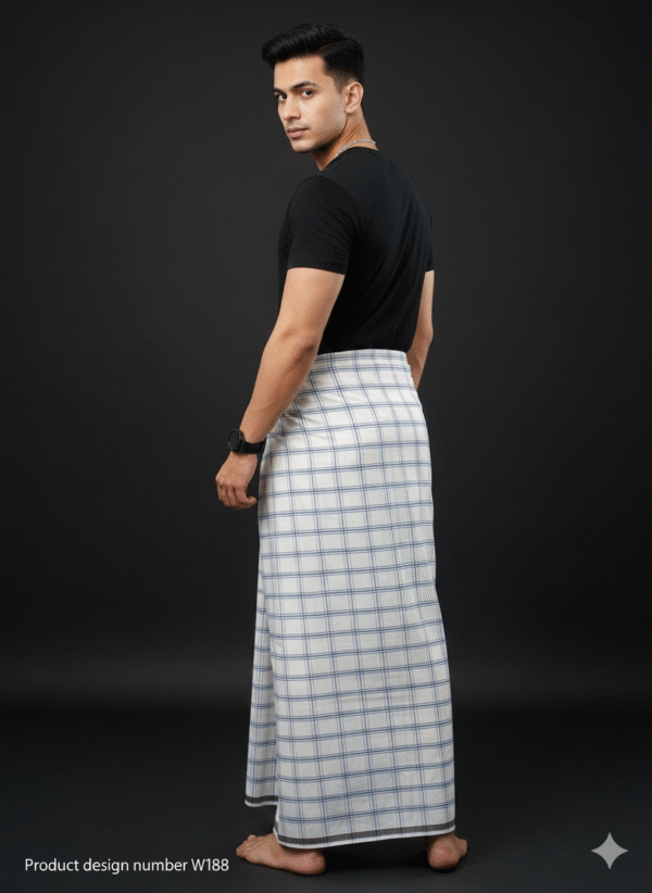Men's Stylish Lungi - Crisp White & Blue Checkered Design