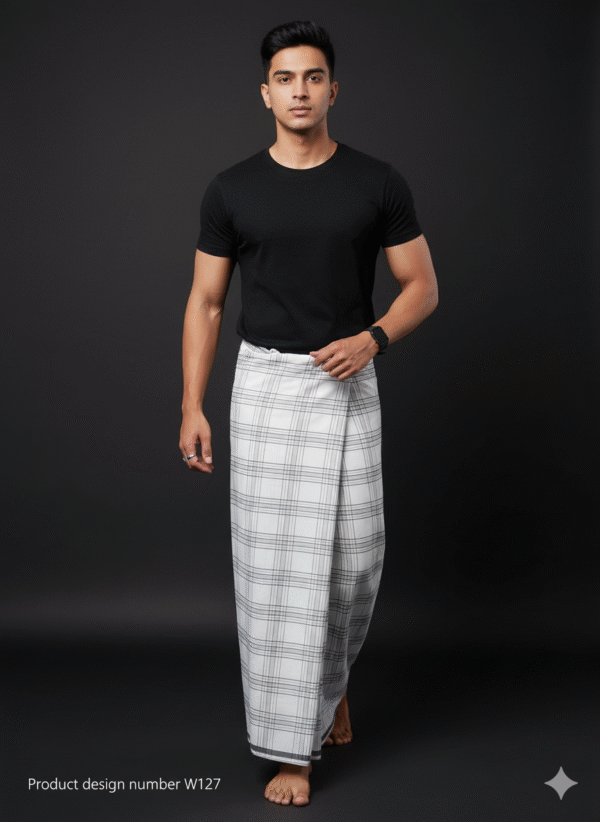 Men's Stylish Lungi - Minimalist White & Grey Plaid Design