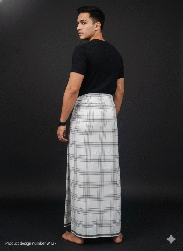 Men's Stylish Lungi - Minimalist White & Grey Plaid Design