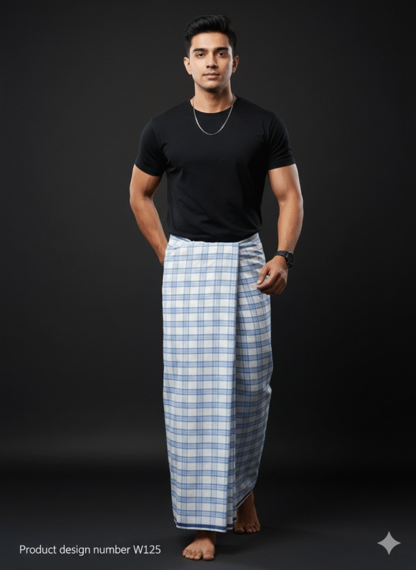 Men's Stylish Lungi - Crisp White & Light Blue Plaid Design