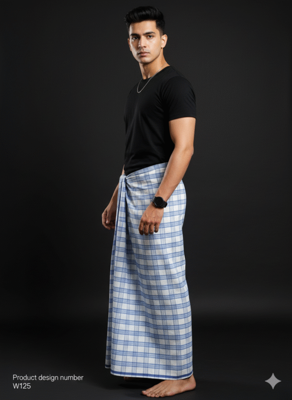 Men's Stylish Lungi - Crisp White & Light Blue Plaid Design