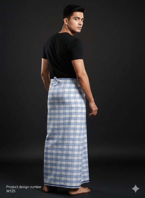 Men's Stylish Lungi - Crisp White & Light Blue Plaid Design