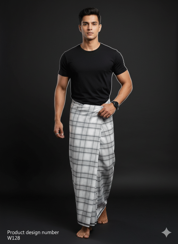 Men's Stylish Lungi - Minimalist White & Grey Plaid Design
