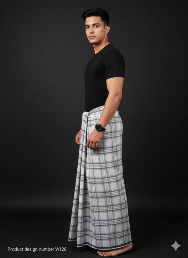 Men's Stylish Lungi - Minimalist White & Grey Plaid Design