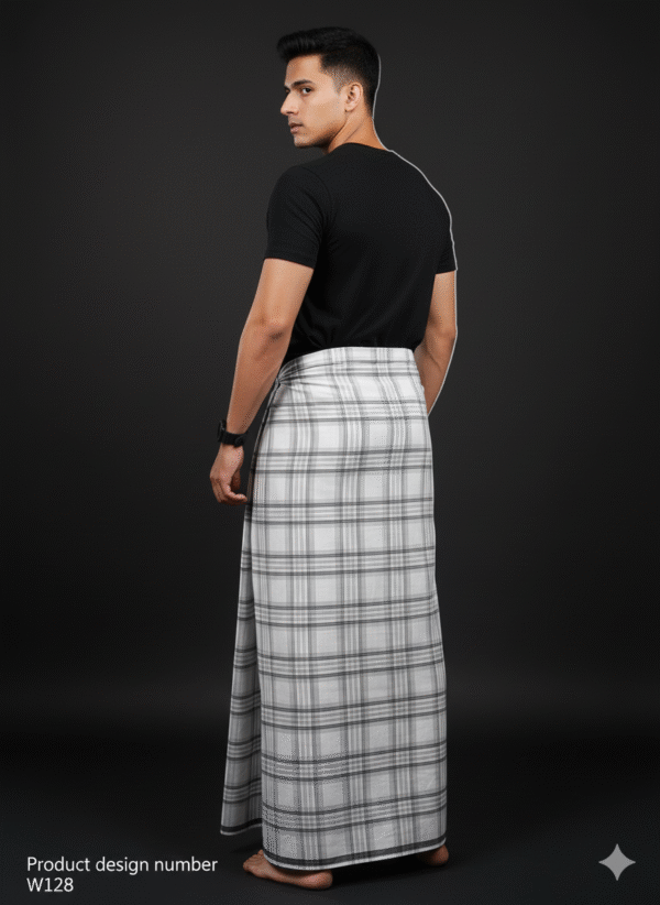 Men's Stylish Lungi - Minimalist White & Grey Plaid Design