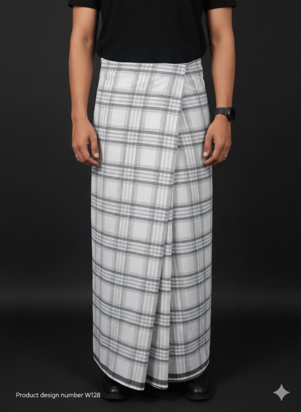 Men's Stylish Lungi - Minimalist White & Grey Plaid Design