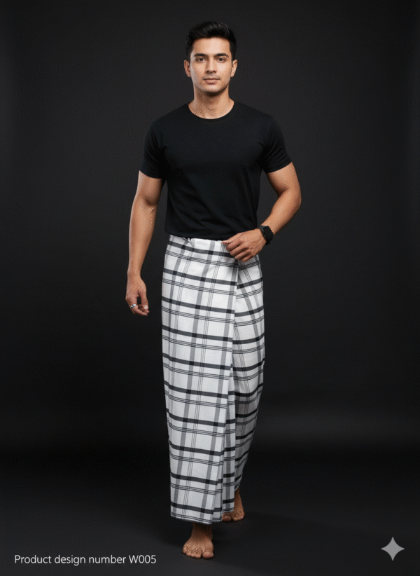 Men's Modern Lungi - Bold Black & White Checkered Design