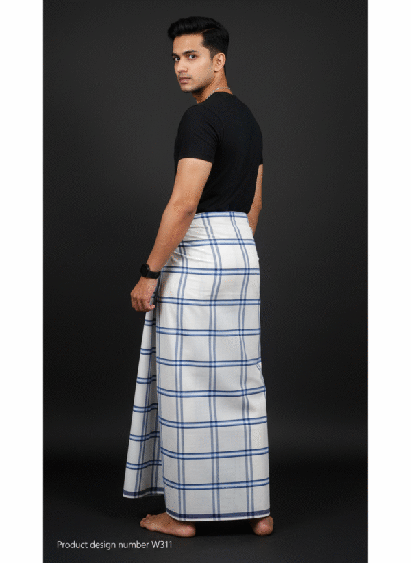 Men's Stylish Lungi - Crisp White & Blue Checkered Design