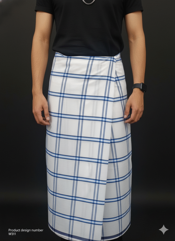 Men's Stylish Lungi - Crisp White & Blue Checkered Design