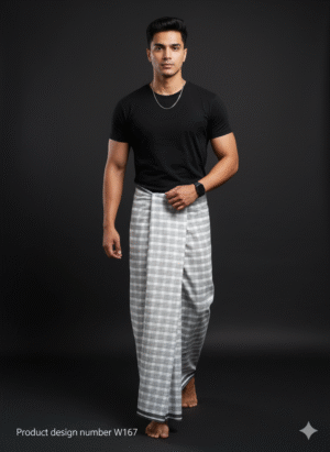 Men's Modern Lungi - Crisp White & Grey Checkered Design