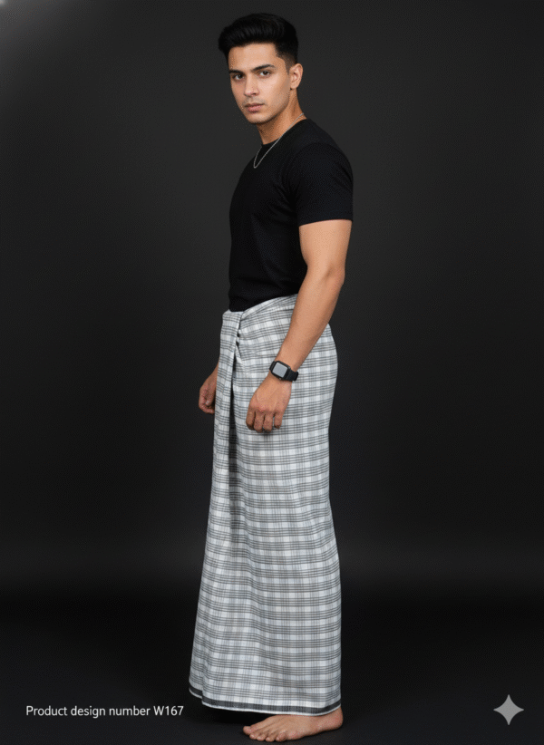 Men's Modern Lungi - Crisp White & Grey Checkered Design
