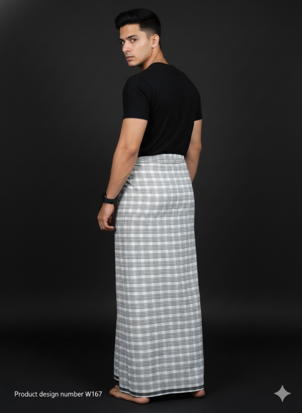 Men's Modern Lungi - Crisp White & Grey Checkered Design