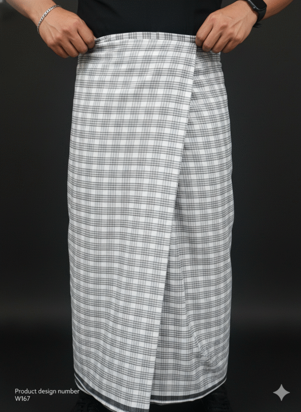 Men's Modern Lungi - Crisp White & Grey Checkered Design