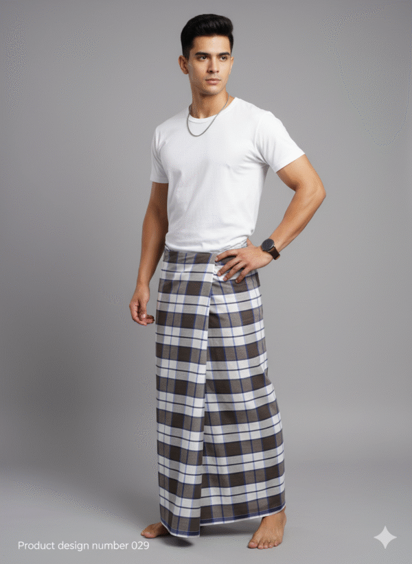 Men's Stylish Lungi - Classic Brown and White Plaid Design