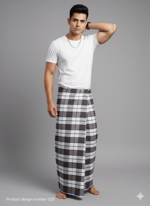 Men's Stylish Lungi - Classic Brown and White Plaid Design