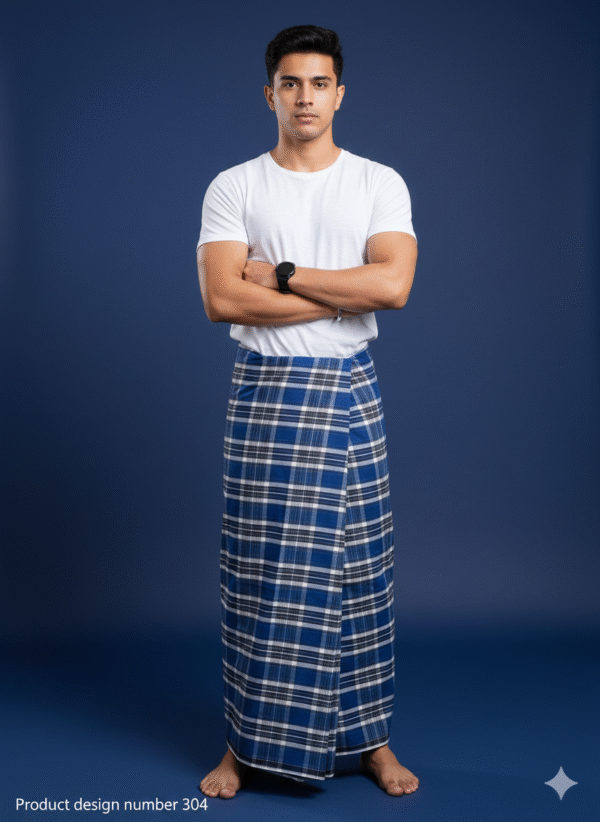 Men's Modern Lungi - Bold Navy Blue & White Plaid Design