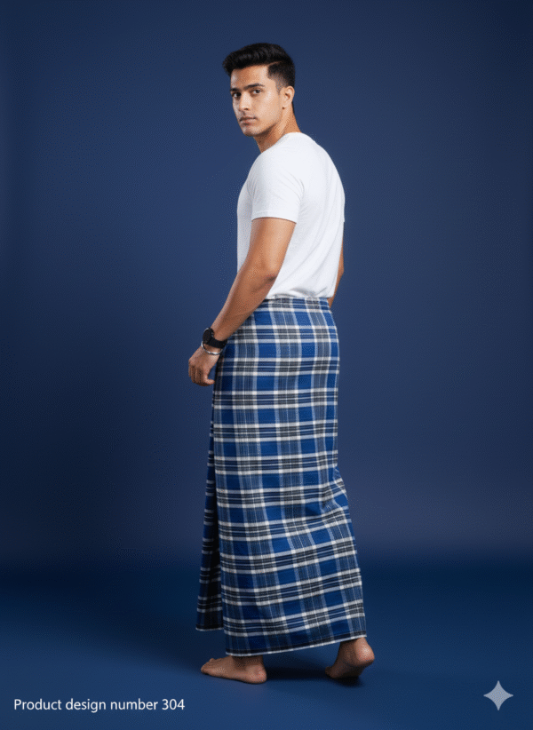 Men's Modern Lungi - Bold Navy Blue & White Plaid Design