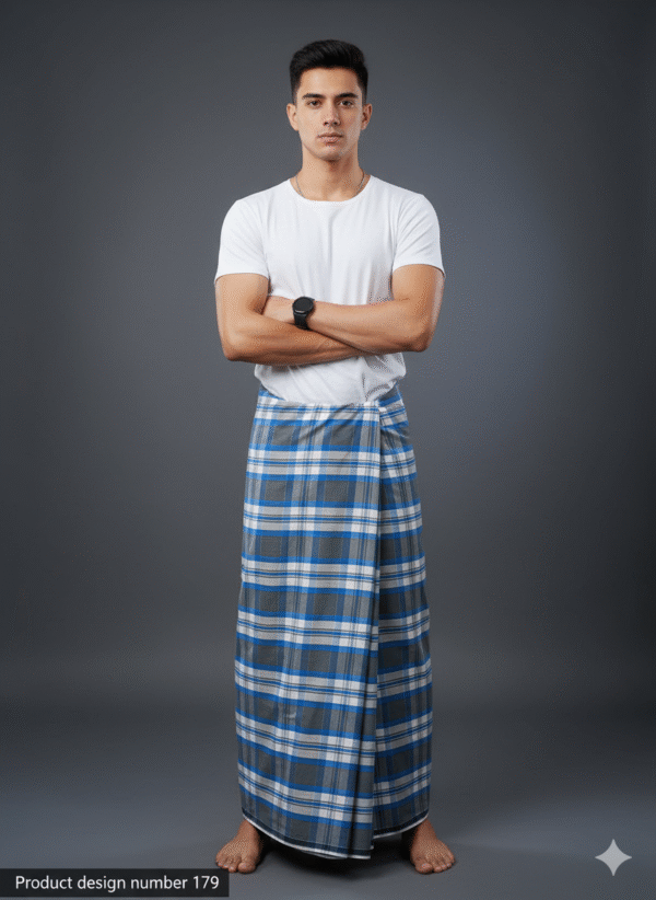 Men's Stylish Lungi - Modern Blue & Grey Plaid Design
