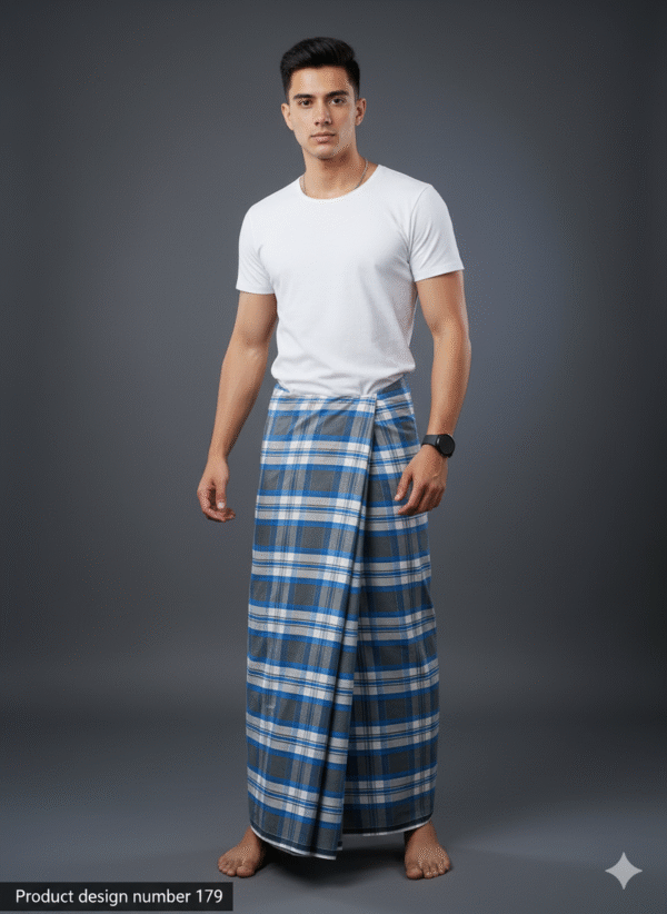 Men's Stylish Lungi - Modern Blue & Grey Plaid Design
