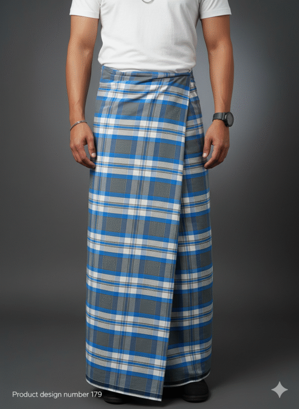 Men's Stylish Lungi - Modern Blue & Grey Plaid Design