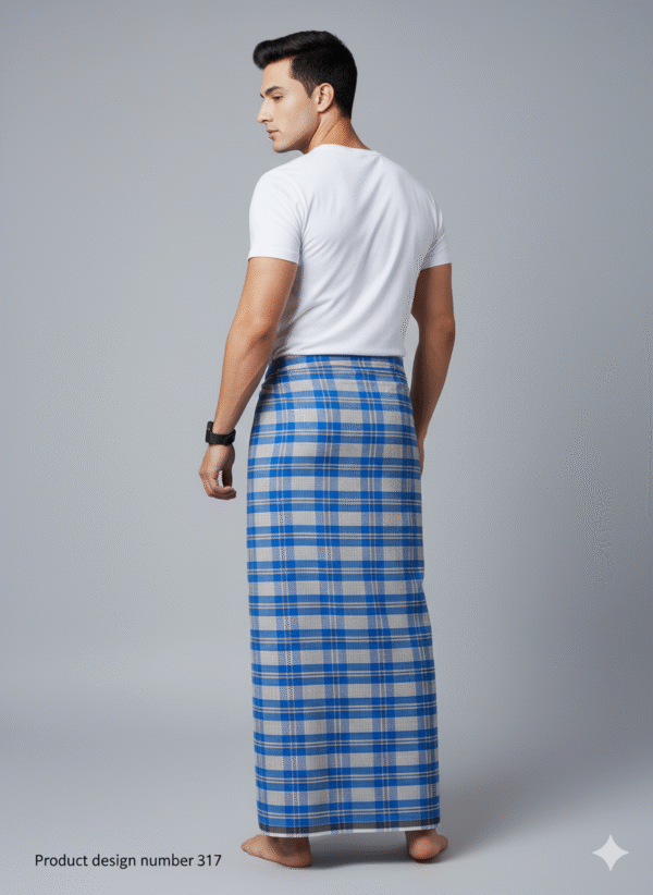 Men's Modern Lungi - Crisp Blue & Light Grey Checkered Design