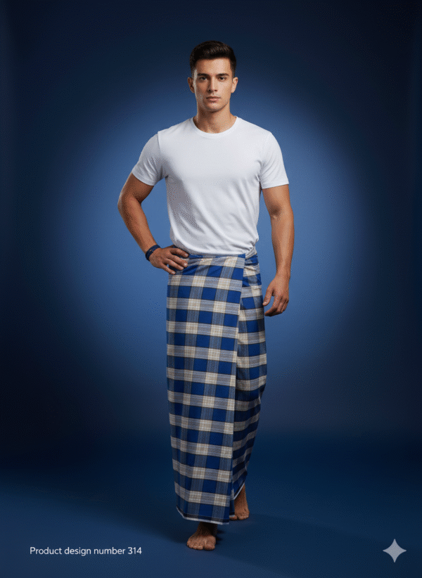 Men's Stylish Lungi - Vibrant Blue & Tan Plaid Design