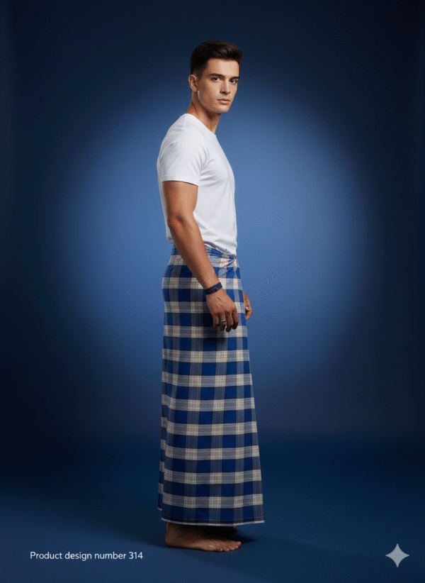 Men's Stylish Lungi - Vibrant Blue & Tan Plaid Design