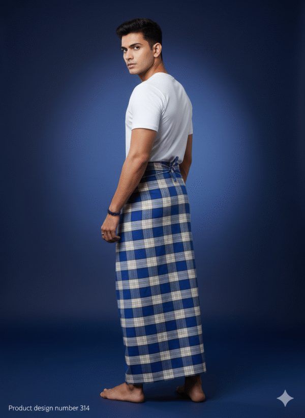 Men's Stylish Lungi - Vibrant Blue & Tan Plaid Design