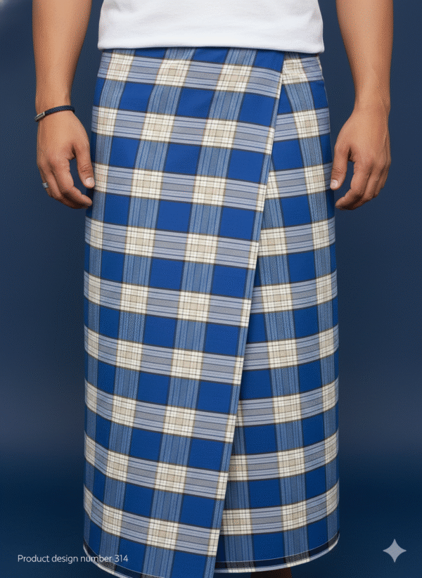 Men's Stylish Lungi - Vibrant Blue & Tan Plaid Design