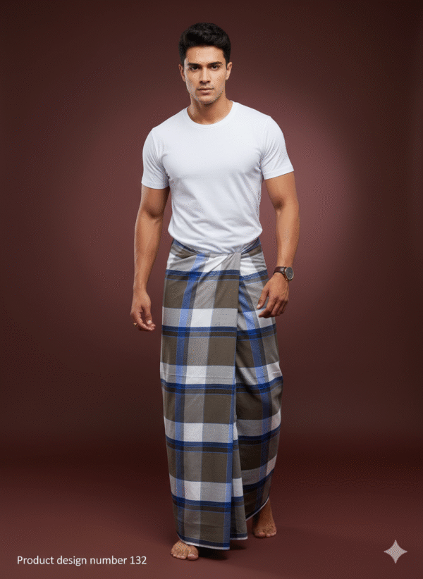 download (19) Men's Stylish Lungi - Earthy Brown & Blue Plaid Design
