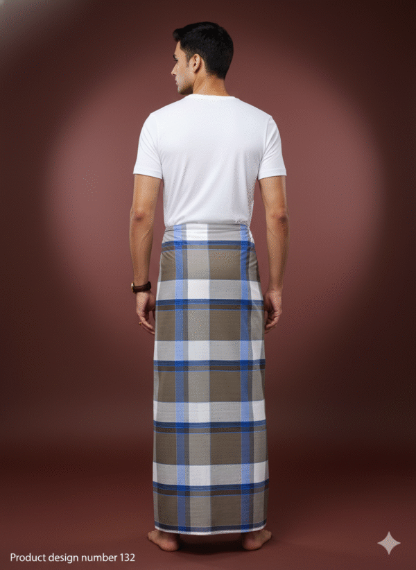 download (20) Men's Stylish Lungi - Earthy Brown & Blue Plaid Design