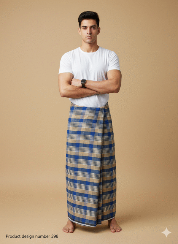 Men's Stylish Lungi - Modern Tan & Blue Plaid Design