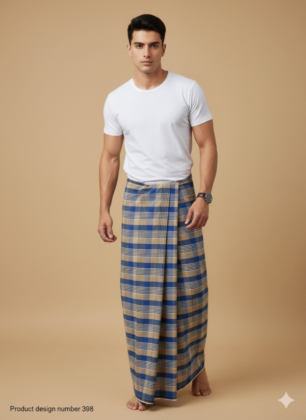 Men's Stylish Lungi - Modern Tan & Blue Plaid Design