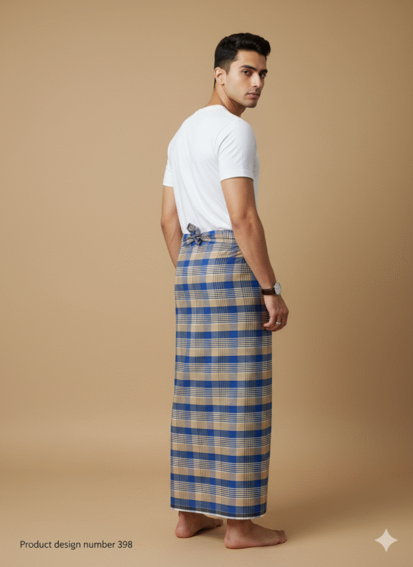 Men's Stylish Lungi - Modern Tan & Blue Plaid Design