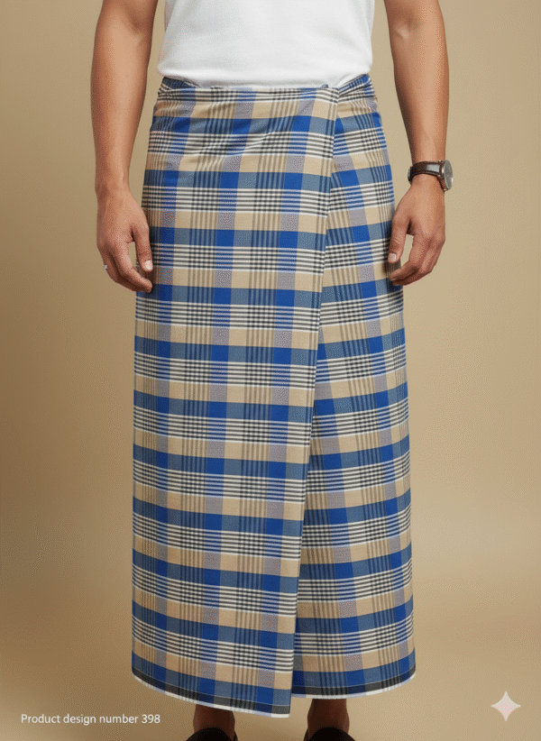 Men's Stylish Lungi - Modern Tan & Blue Plaid Design