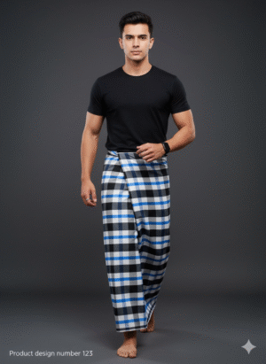 Men's Modern Lungi - Bold Blue, Black & White Checkered Design