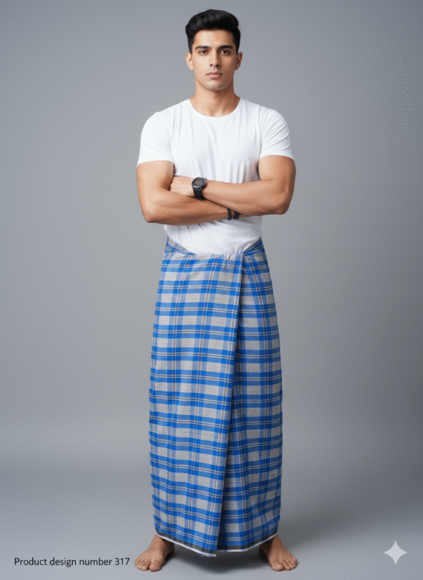 Men's Modern Lungi - Crisp Blue & Light Grey Checkered Design
