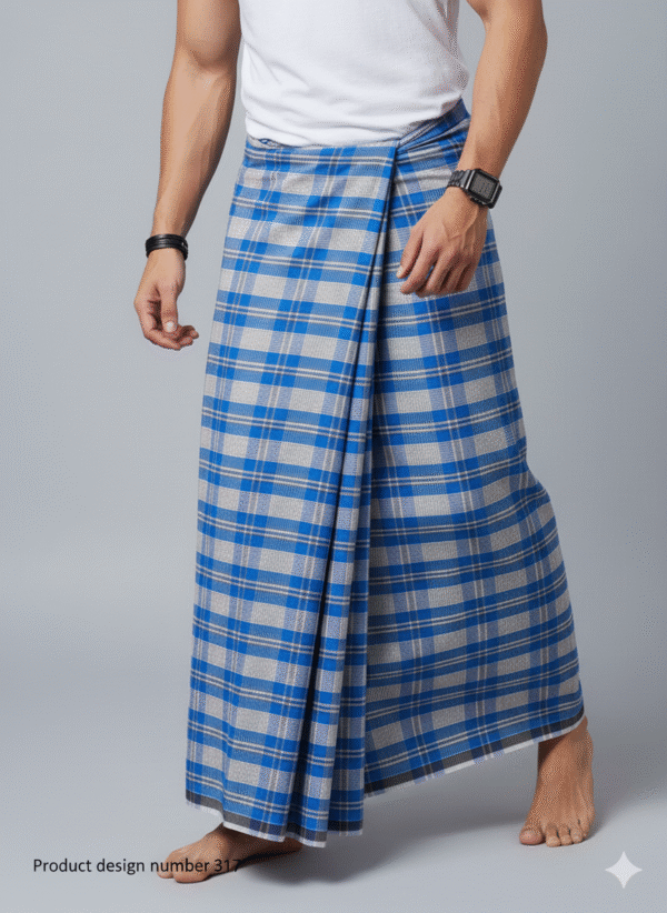 Men's Modern Lungi - Crisp Blue & Light Grey Checkered Design