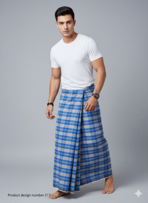 Men's Modern Lungi - Crisp Blue & Light Grey Checkered Design