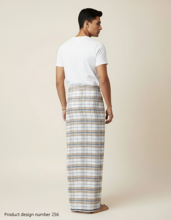Men's Classic Lungi - Light Tan and White Plaid Design