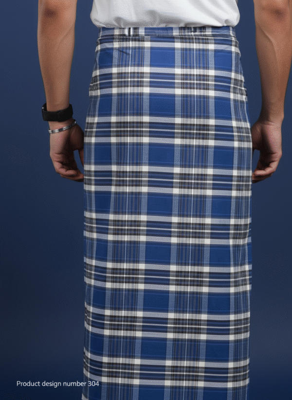 Men's Modern Lungi - Bold Navy Blue & White Plaid Design