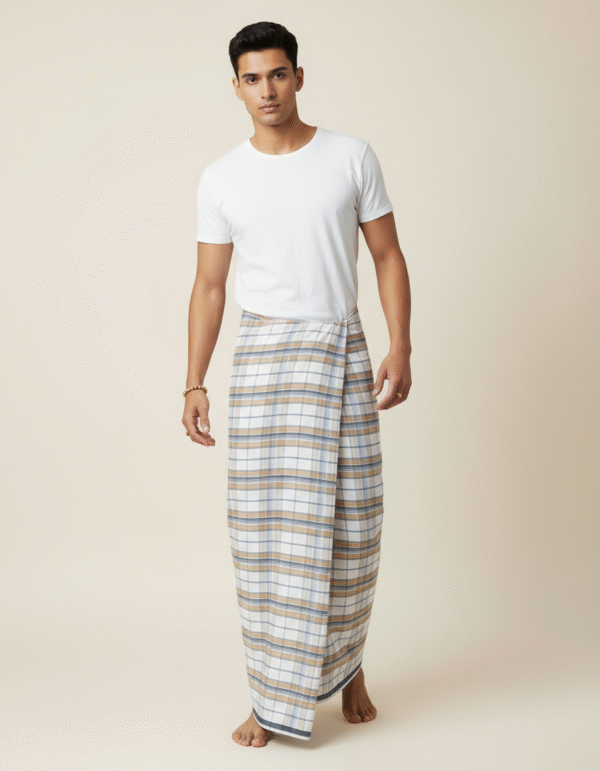 Men's Classic Lungi - Light Tan and White Plaid Design