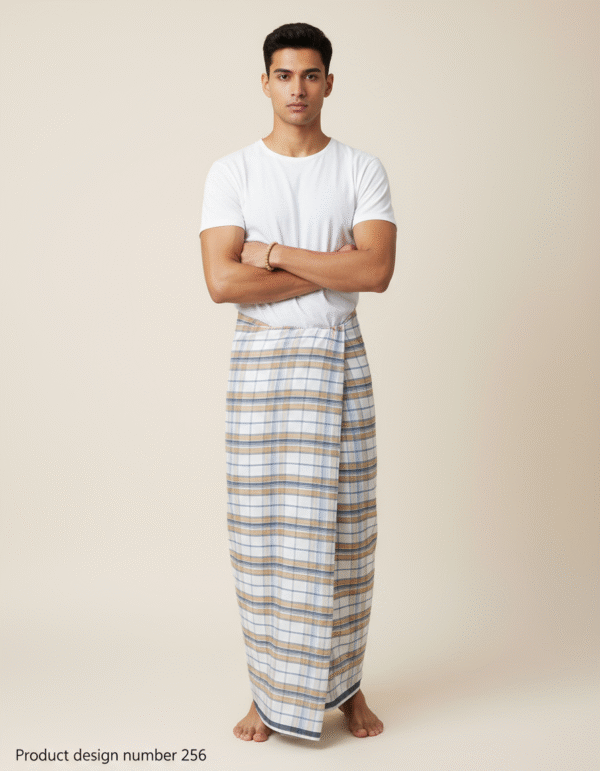 Men's Classic Lungi - Light Tan and White Plaid Design