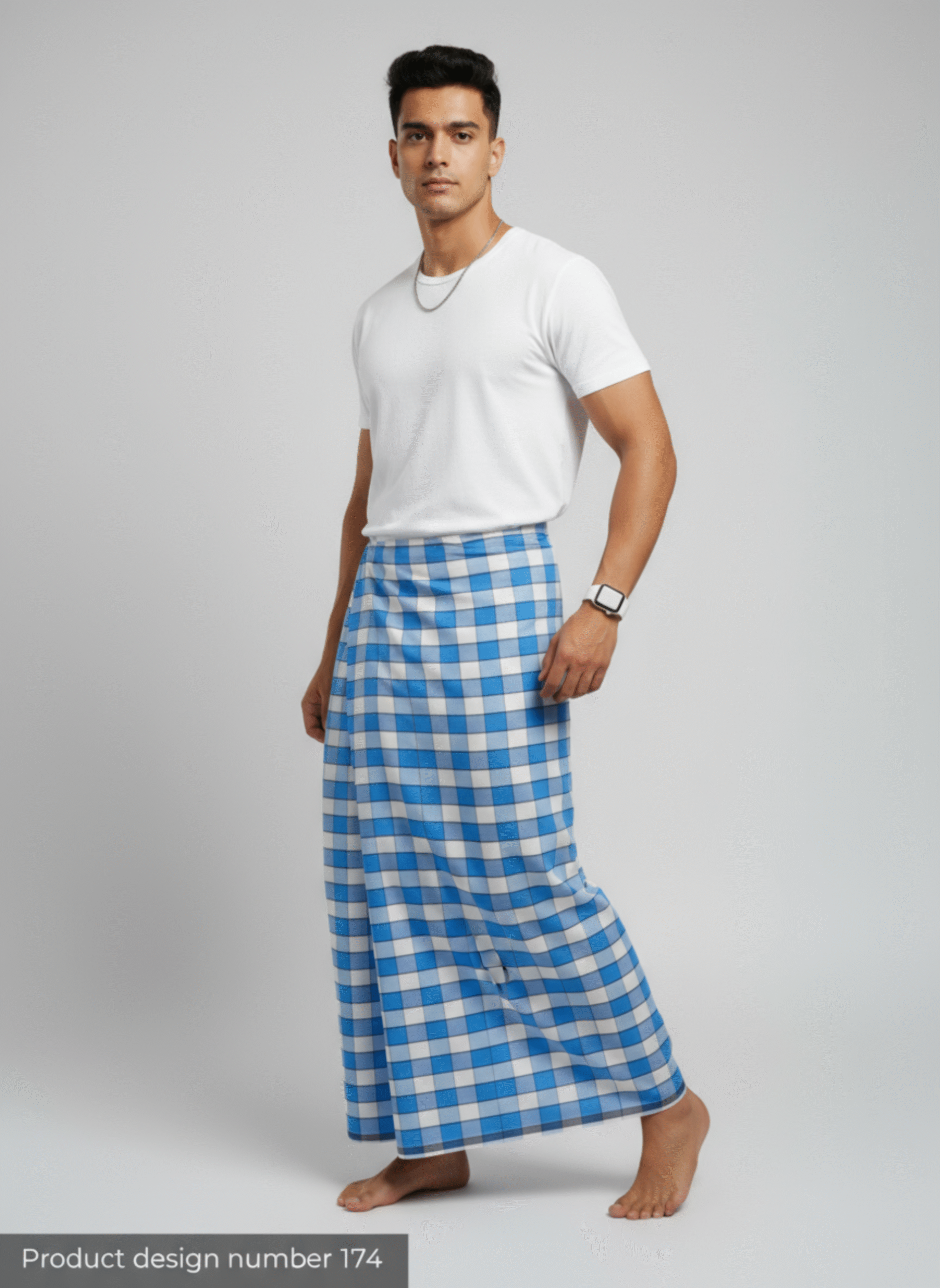 Men's Modern Lungi - Crisp Blue & White Checkered Design